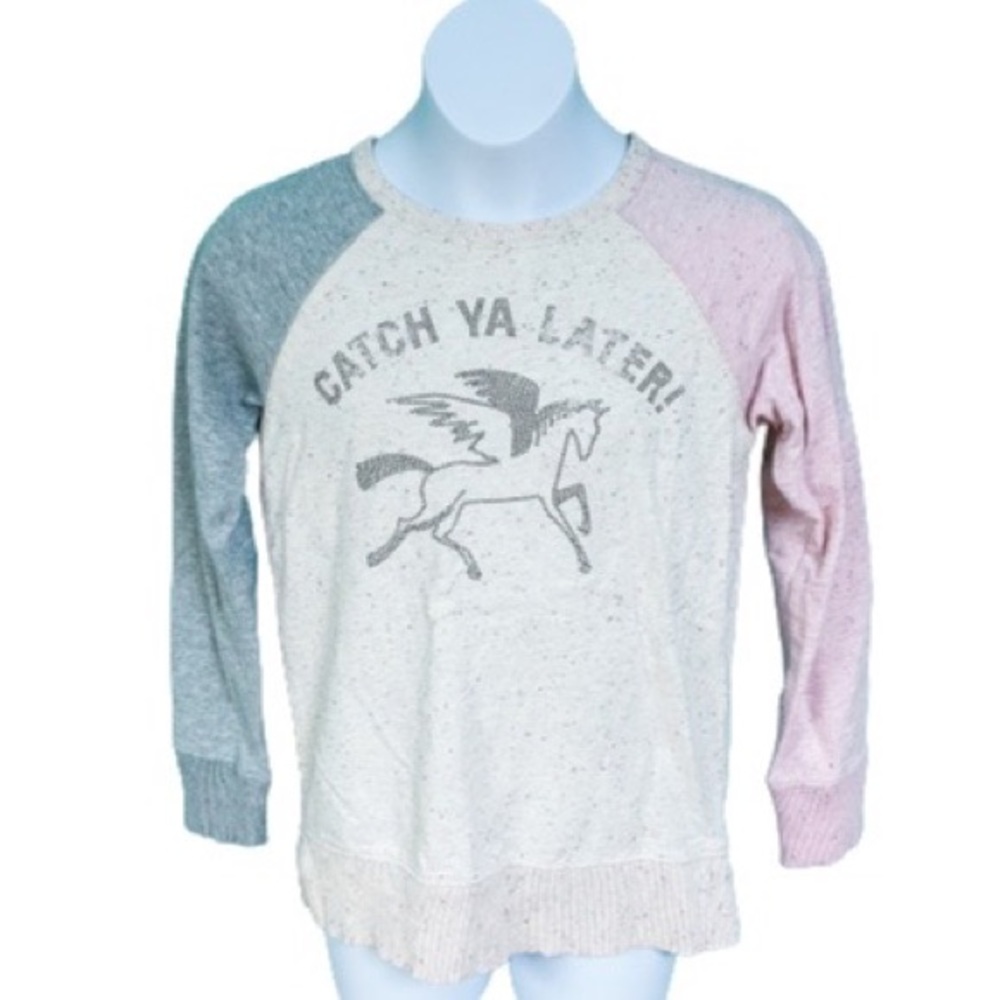 Gap Cream Pink & Gray Colorblock “Catch Ya Later” Unicorn Sweater Girls Size 8